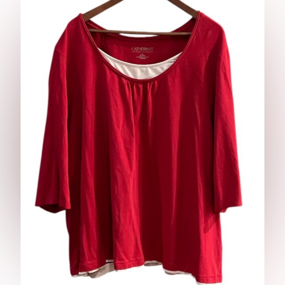Catherines Suprema Collection Women's Bold Red Long Sleeve Top w/ White Accents